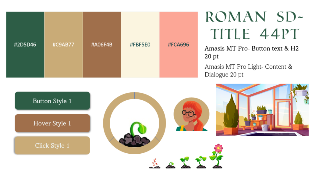 Depiction of style guide, including color pallet, fonts used, button styles, and the progress wheel.